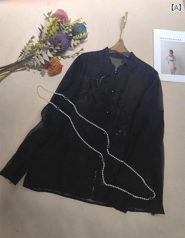 レディース　ニット　レース　シルク チャイナ風 の レイヤリング シャツ 女性 2025 春 シルクオーガンザ 刺繍 スプライシング レース スタンドカラー｜サポートシェアグローバル