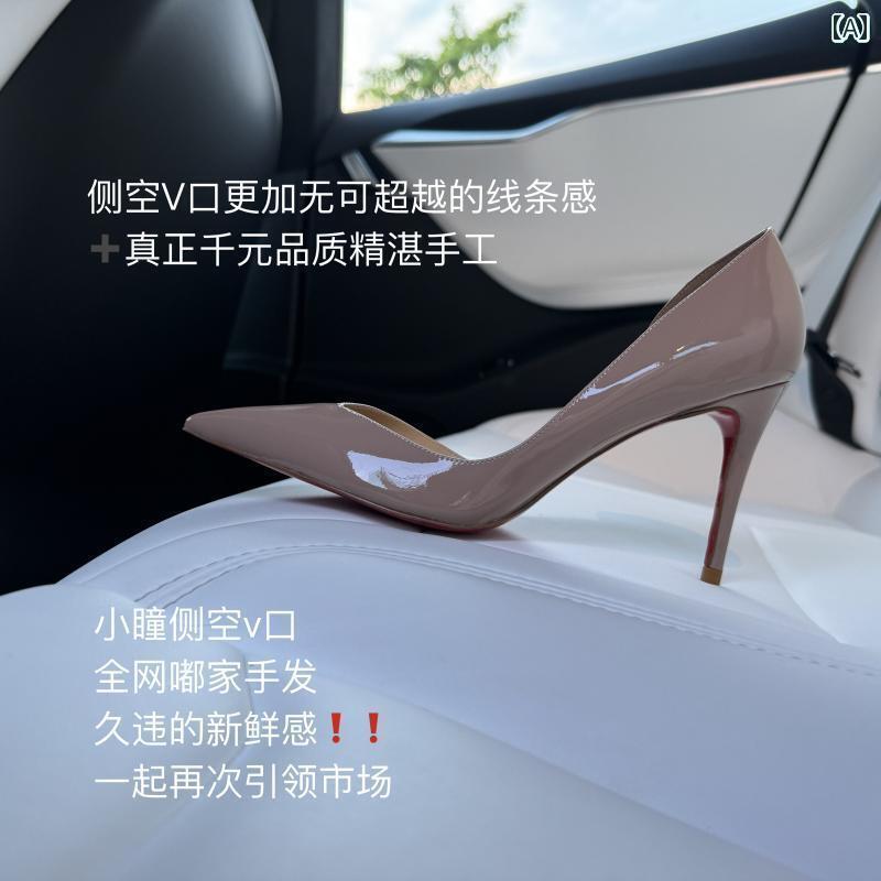レディース ヒール シューズ 裸 神小 童 Vネック サイド ハイヒール 浅い フレンチ スティレット 魅惑的 赤 底 尖った|サポートシェアグローバル