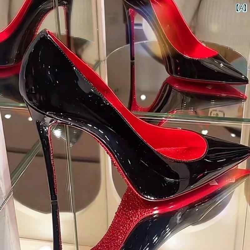 レディース 踵 シューズ 成人女性用 伝達ルート石ころ 赤いこと 底 ハイヒール 黒いこと 専売特許なめし革 引き付ける的 尖った つま先 薄っぺら 口 レディース 労働者階級 素晴らしい シングル シューズ