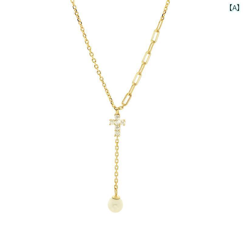 ネックレス　十字架　クロス Lingyu シルバー 925 スター リング 淡水 パールペンダント モ アッサ ナイト クロス 24 K ゴールドメッキ ネックレス 女性｜サポートシェアグローバル