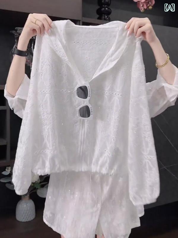 パーカー　薄手　カジュアル で スタイリッシュな 女性用 ホワイト フード付き トップス 夏の スタイル 通気性 快適 ゆったり ドローストリング 薄手の 日焼け防止 シャツ