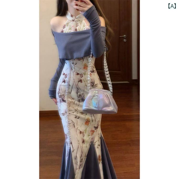 ドレス　チャイナ　レディース 大きいサイズ mm チャイナ風 花柄 チャイナ ドレス 女性 秋 スリムフィット スカートと ウエスト コート スーツ