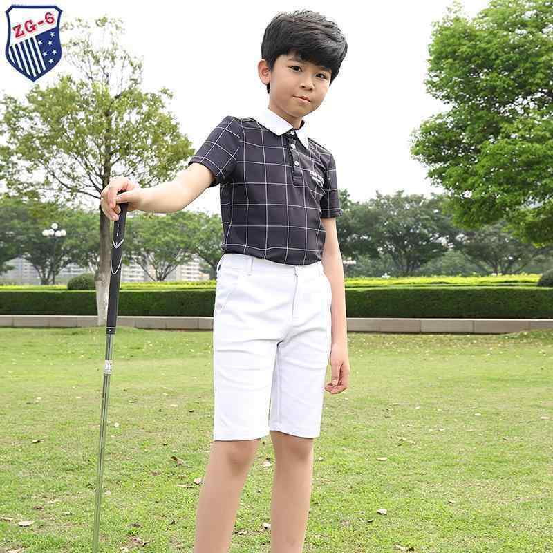 ゴルフ　ウェア　スポーツ 夏 ZG 6 ゴルフ 子供服 男の子 ジャージ 子供 スーツ ブラック チェック 柄 半袖 Tシャツ ホワイト ミドル 丈 パンツ