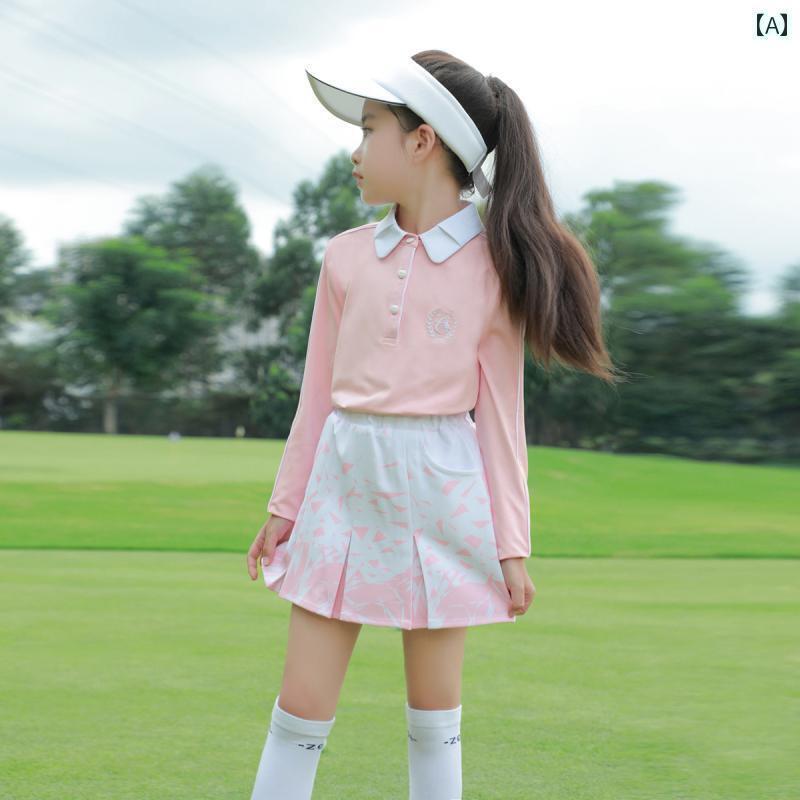 ゴルフ　ウェア　スポーツ ZG 6 ゴルフ 子供服 子供用 スポーツウェア 長袖 伸縮性の ある ピンクの Tシャツ 短い スカート 白い ズボン