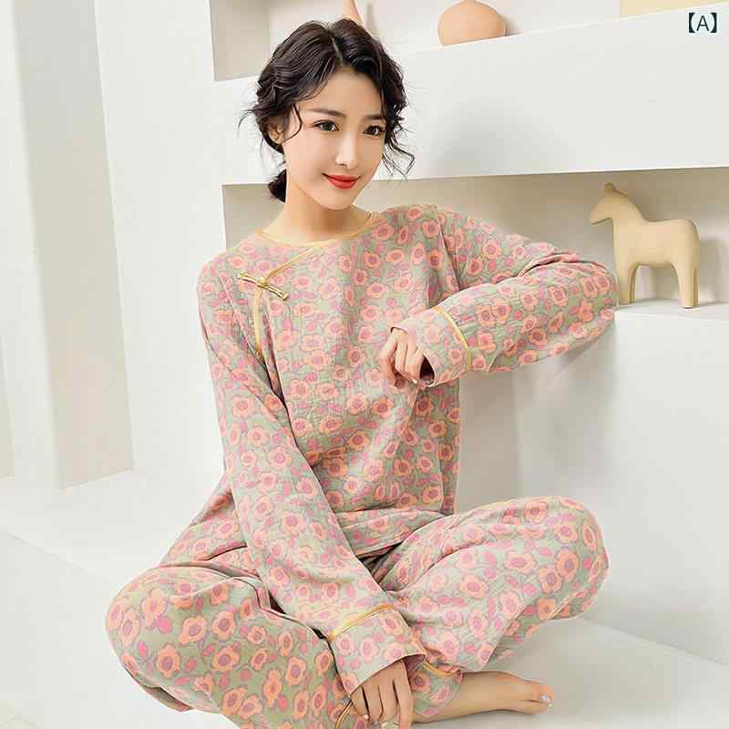 セットアップ　レディース　カラー ロング パンツ レディース パジャマ 春秋 175 綿 薄手 ガーゼ 夏 ホーム 服 180