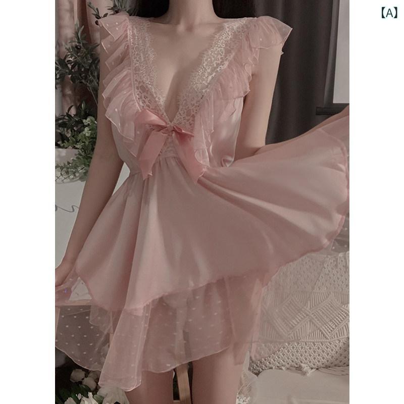 レース　キャミソール　トップス SLDO スイート ピンク ソフト パジャマ 女性 夏 レース リボン Vネック メッシュ かわいい サスペンダー ナイトドレス