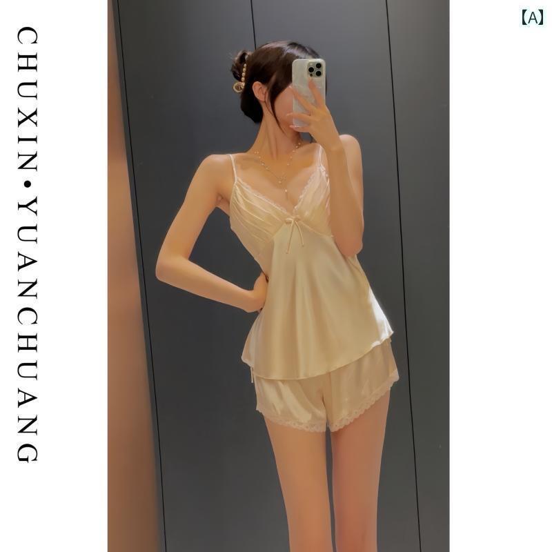 レース　キャミソール　トップス スイート バック レス サスペンダー パジャマ スーツ 女の子用 夏 デザイア ツーピース レース 魅惑的 ホームウェア