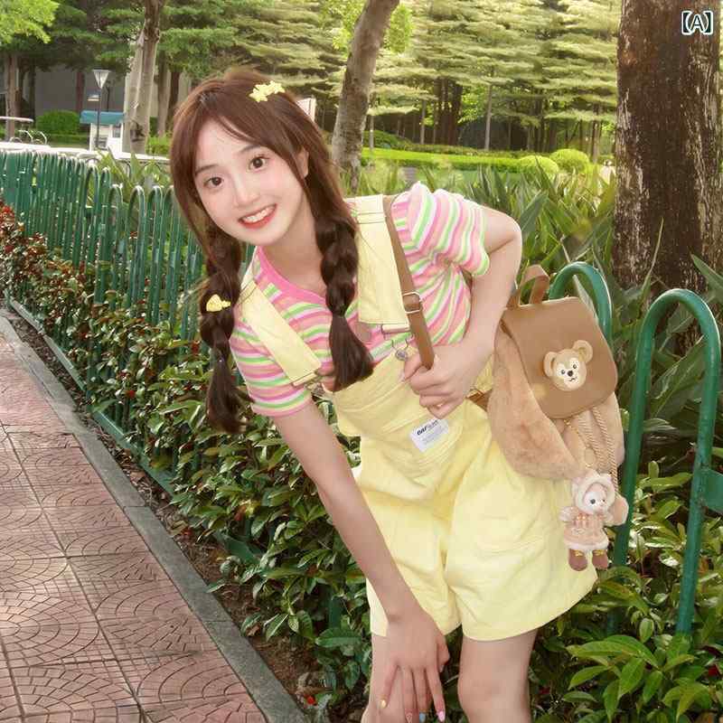 レディース　カジュアル　ウェア ドーパミン 夏服 小柄な 女性用 オーバー オール ゆったり 年齢を 感じさせにくい 黄色の ワイド レッグ ジャンプスーツ ショート パンツ スーツ