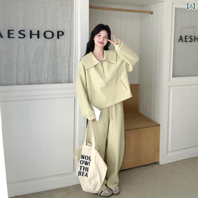 レディース　カジュアル　ウェア 女性用 イエロー ネイビーカラー セーター スーツ 2025 春 韓国 カレッジ スタイル 年齢を 感じさせにくい カジュアル パンツ ツーピース
