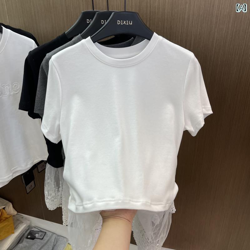 レディース　インナー　サスペンダー ミドル 丈 レース ステッチ 裾 プリーツ 半袖 Tシャツ レディース 2025夏 肌に 優しい レイヤリング シャツ トップス