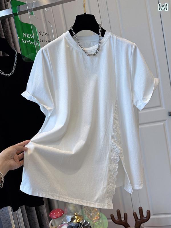 レディース インナー サスペンダー のお すすめ 240 斤の 大きいサイズ ヘビー レースの スプリット 半袖 Tシャツ レディース 夏 ゆったり スリミング トップス