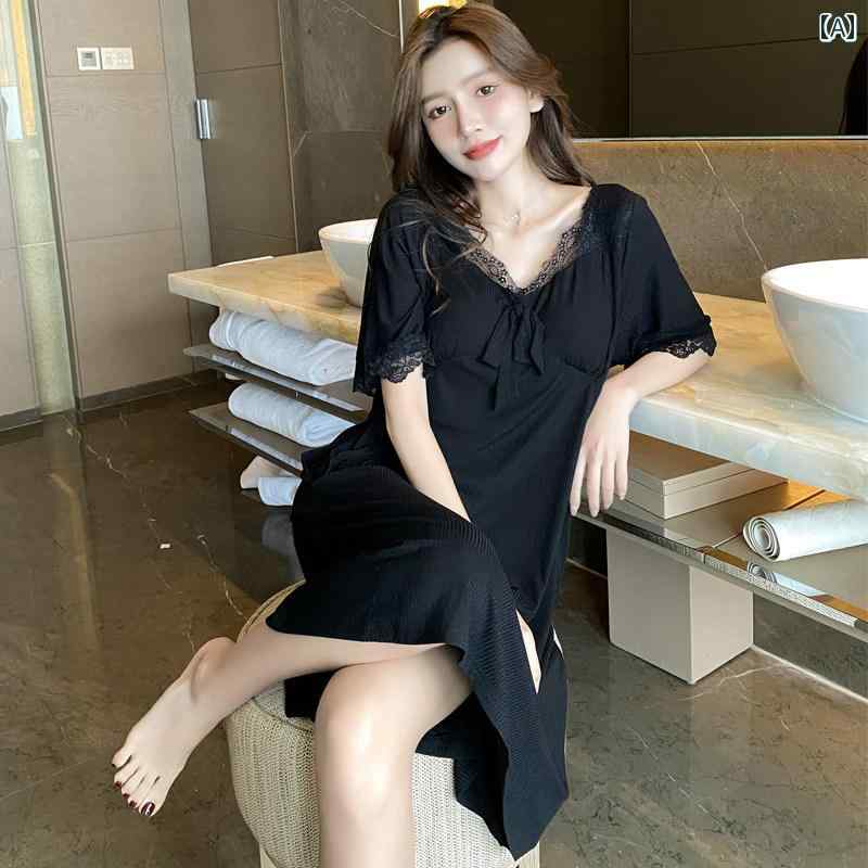 レディース　インナー　サスペンダー 女性用 魅惑的 ナイトドレス 胸 パッド 付き 夏用 半袖 ミドル 丈 スカート モダール デザイア スタイル パジャマ 薄手 ドレス