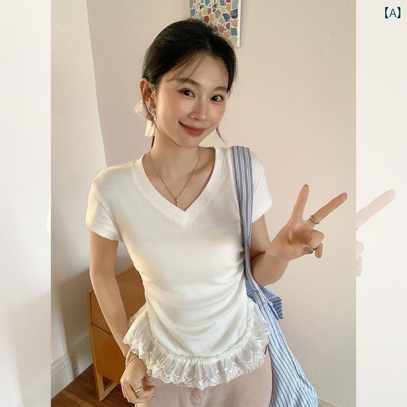 レディース　インナー　サスペンダー 2025 夏 韓国 デザイア Vネック レース ステッチ 裾 プリーツ ウエスト 半袖 Tシャツ レディース ファッション トップス