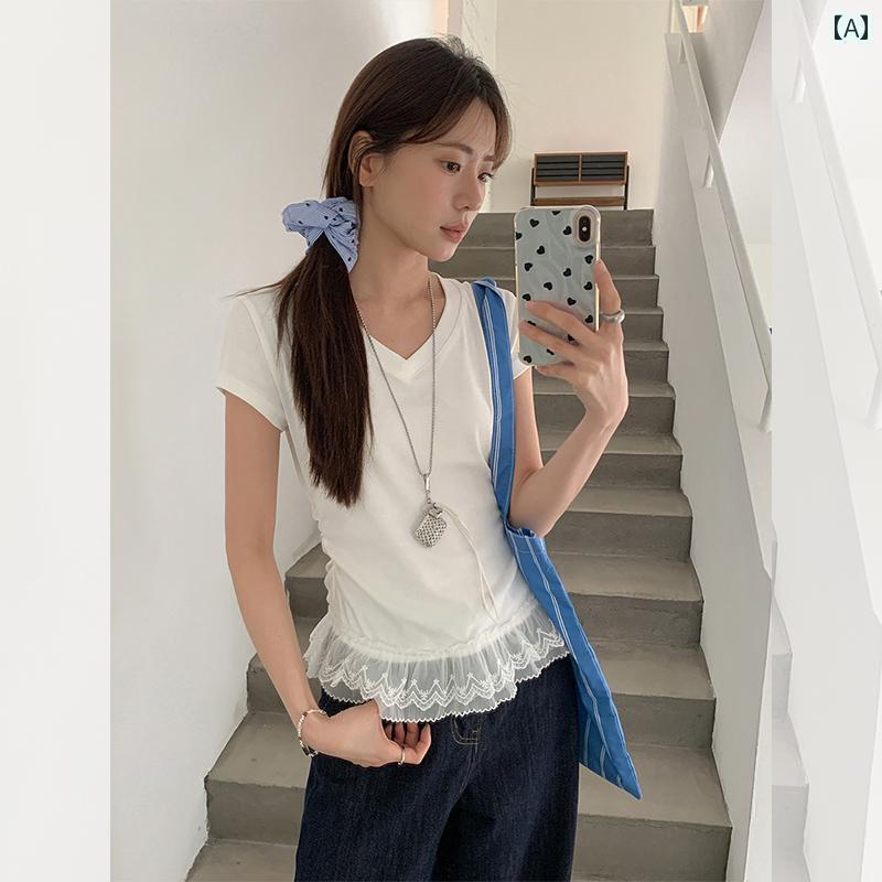 レディース　インナー　サスペンダー ホワイト レース ステッチ Vネック 半袖 Tシャツ 女性 2025 夏 プリーツ スリム デザイア インナートップ