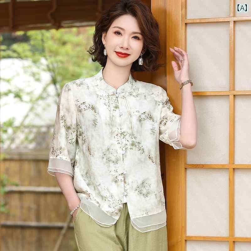 【楽天市場】レディース ツーピース シルク 婦人服 桑 絹 大きいサイズ ゆったり シャツ 若見え 母親 服 夏用 シルク チャイナ風 トップ ...