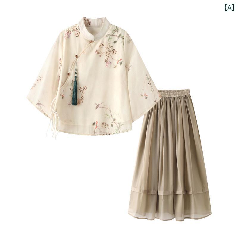 レディース　ツーピース　シルク Etam 中国 スーツ レディース 夏 スタイル チャイナ風 漢服 禅茶師服 ツーピース