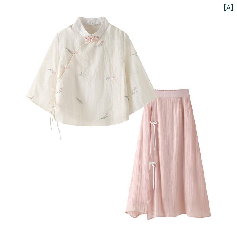 レディース　ツーピース　シルク Etam 中国 刺繍 スーツ 女性用 夏用 チャイナ風 漢服 禅茶道 ツーピース