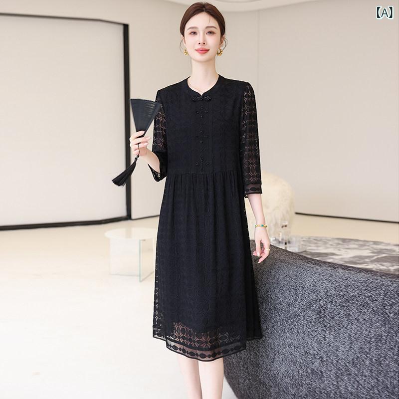 レディース　ツーピース　シルク 杭 州 高級 刺繍 シルクドレス 女性 2025 夏 ブラック シンプル チャイナ風 桑 シルクスカート