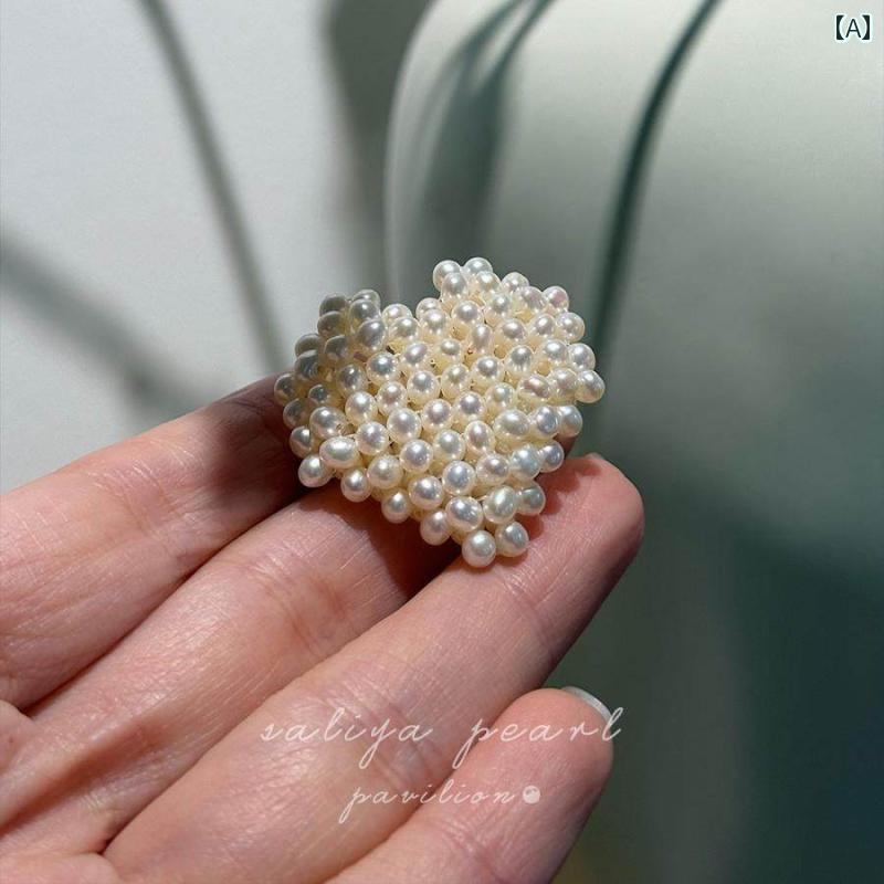 アクセサリー　パール　ジュエリー ハート デュー 手編み 立体 オーロラ 淡水 パールブローチ ピン コート アクセサリー