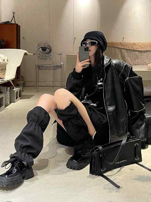 ソックス　レギンス　サポーター ストリートの 個性的な ドローストリング ミドル ソックス 女性用 黒の な ブーツ カバー ゆったり スリミング 脚 見せ ブロガーの レッグカバー