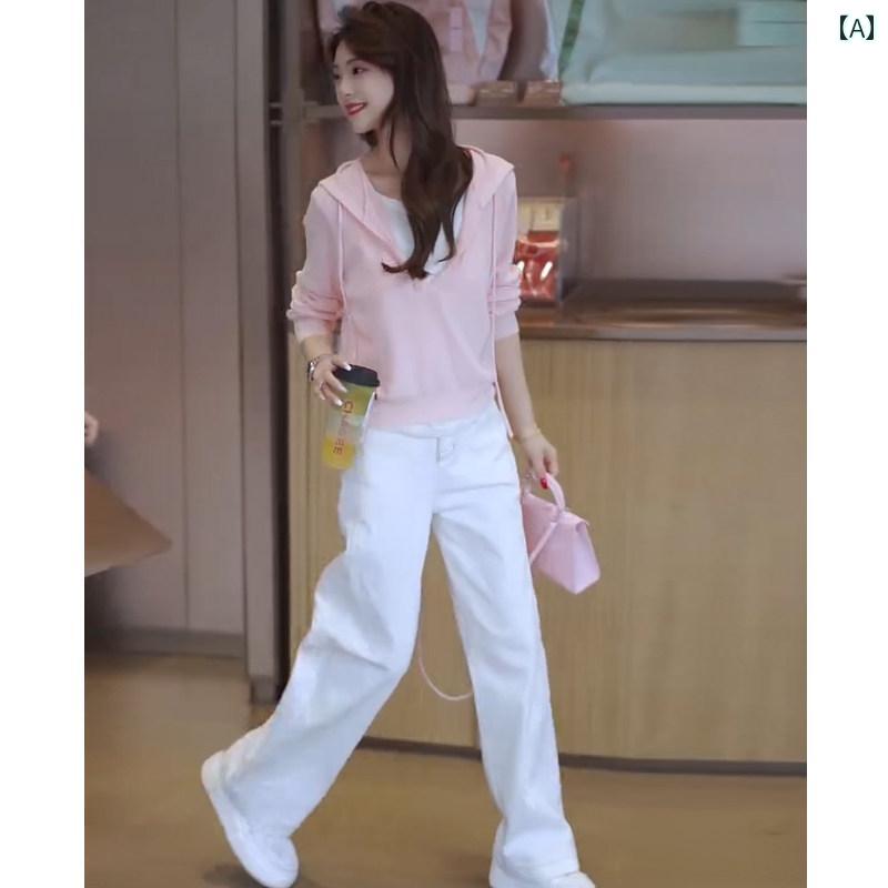 レディース トップス カジュアル 女性用 春服 スーツ 2025新 フェイク ツーピース フード付き セーター スリム ジーンズ