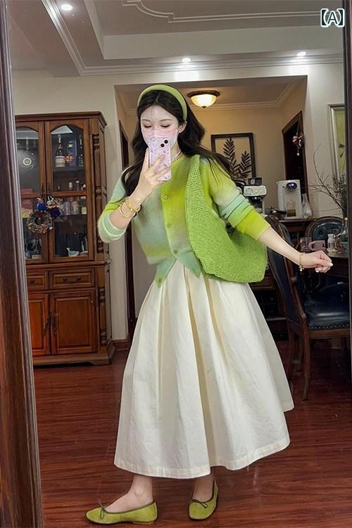 トップス ジャケット カジュアル 春服 ツーピース スーツ 2025 グラデーション グリーン ニットカーディガン レディース セーター 小さい サイズ コート スカート