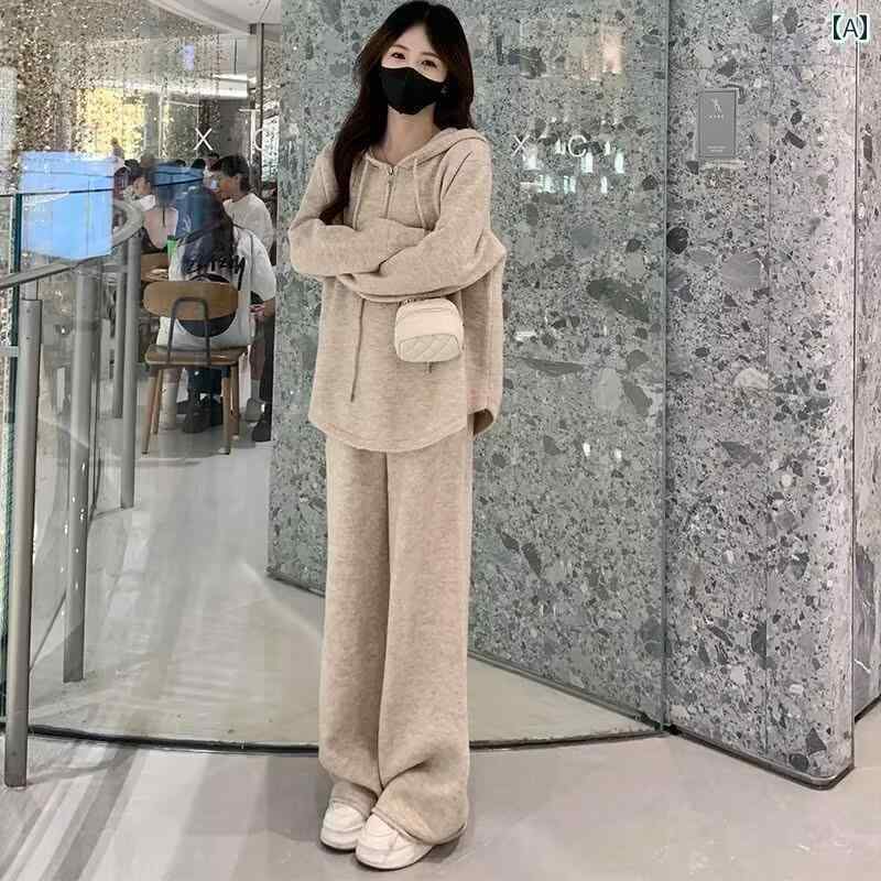 トップス　ジャケット　カジュアル 2025秋服装 一式 な フード付き ニット セーター カジュアル パンツの ツーピース セット ネットの スーツ