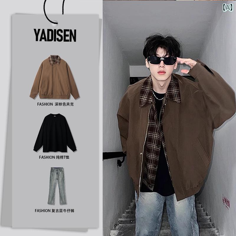 トップス ジャケット カジュアル アメリカン フェイク ツーピース ブラウン コート 男の子用 春服 スーツ ハリントン ジャケット ショート ベースボール