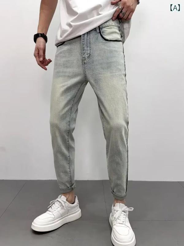 ジーンズ デニム 今めかしい ウォッシュ 産業の ヴィンテージ 青碧 デニム か細い相応う スキニー 春夏 表現スタイル 流行り物 縞模様 刷り上げる 伸ばすこと 心地好い ズボン下
