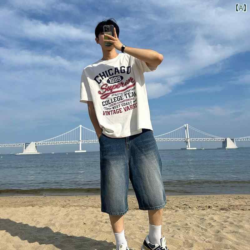 デニム ジーンズ おしゃれ ダーク ブルーの ストレート デニムショートパンツ メンズ アメリカン レトロ 春服 伸縮性の ある ウエスト グラデーションの 雰囲気 ダメージ 加工の クロップドパンツ