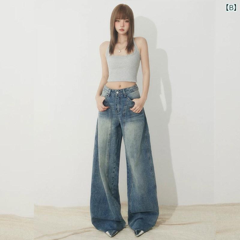 デニム　ジーンズ　おしゃれ アメリカン レトロ シミター パンツ レディース 2025 春 ステッチ ホワイト シックル ワイド レッグ ジーンズ
