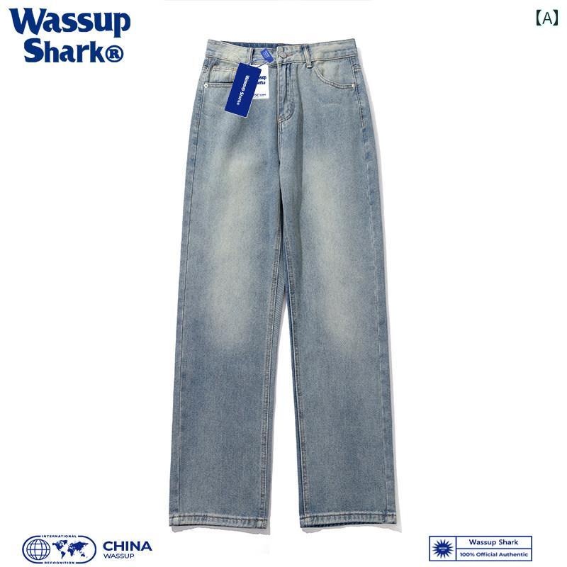 ストレート　ジーンズ　パンツ WASSUPSHAR アメリカン ストリート レトロ ジーンズ メンズ 春夏 ストレート ワイド レッグ パンツ ゆったり カジュアル