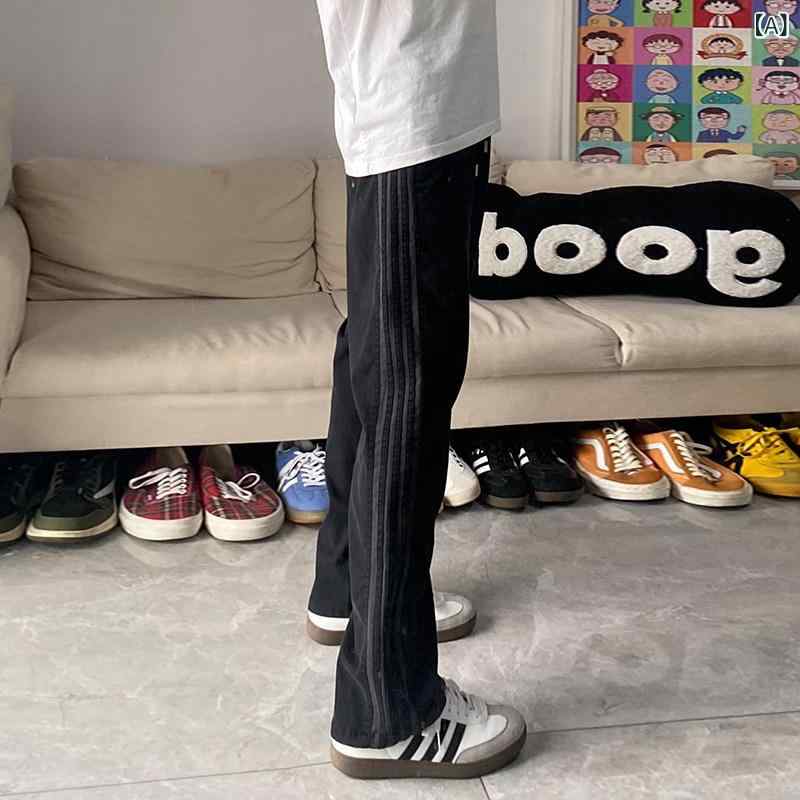 ストレート　ジーンズ　パンツ クリーン フィット ストライプパンツ メンズ 春秋 アメリカン レトロ オーバー オール ゆったり ストレート カジュアル スポーツ パンツ