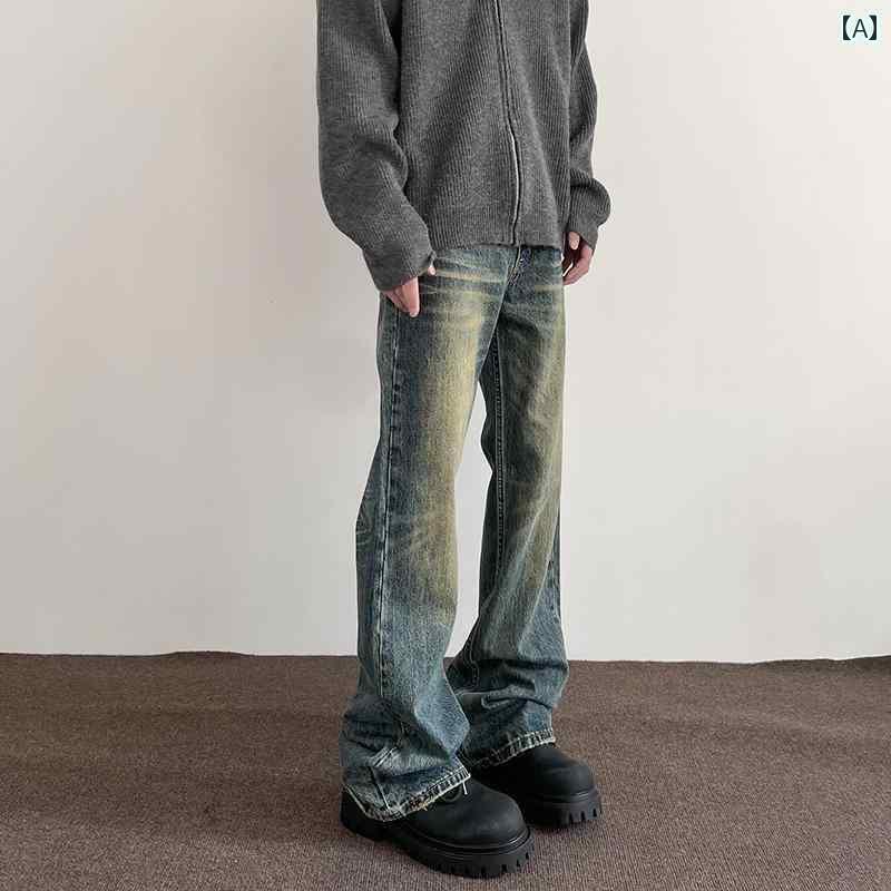 ストレート　ジーンズ　パンツ アメリカン ストリートの 雰囲気が 漂う レトロ ウォッシュ 加工の ダメージ ジーンズ。 メンズ ストレート フレア スリム クリーン フィットパンツ。