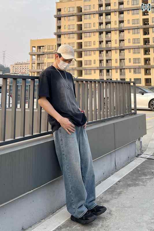 ストレート　ジーンズ　パンツ DAL ストレート ジーンズ 男性用 2024 スタイル ウォッシュと ダメージ 加工 レトロ ブルー ストリート ワイド レッグ パンツ カジュアル