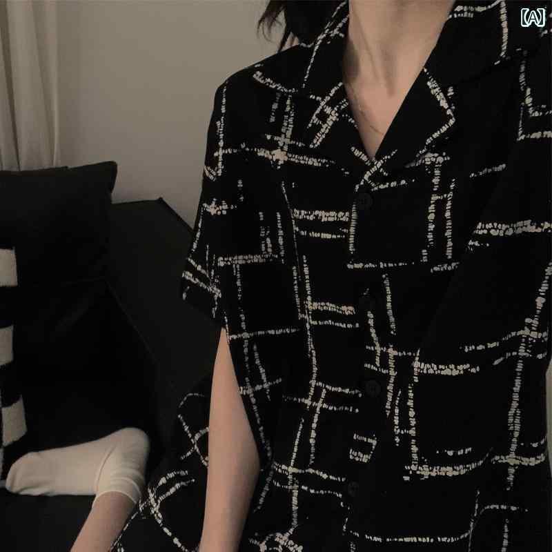 レディース 半袖 ショート 黒の 幾何学的な 夏の カップルの パジャマ 半袖 ショート パンツ 綿 シンプル ゆったりした 男女 ファッション ホーム 服 ツーピース セット
