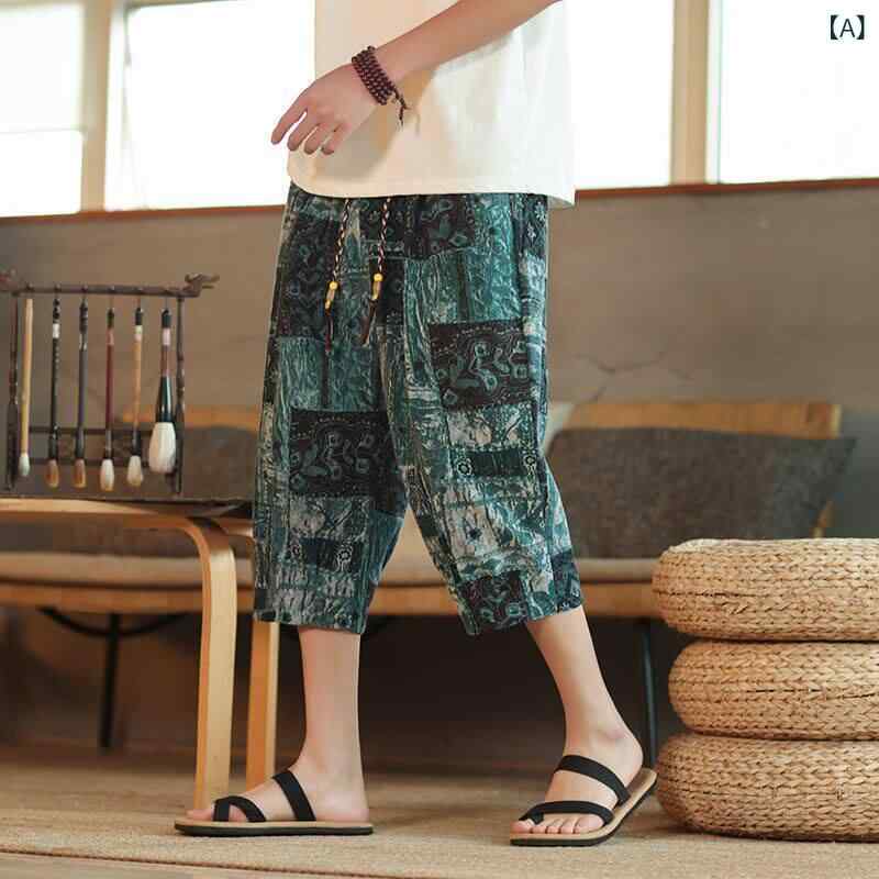 メンズ　カジュアル　ファッション チャイナ風 リネンの クロップド 丈 パンツ メンズ 夏用 薄手 ストレート ビーチ な コットン＆ スポーツ ショーツ