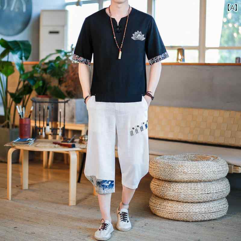 メンズ　アジアン　ファッション メンズスーツ 夏 リネン 半袖 Tシャツ チャイナ風 メンズ 服 中国 レトロ 唐装 綿 麻 ツーピース スーツ