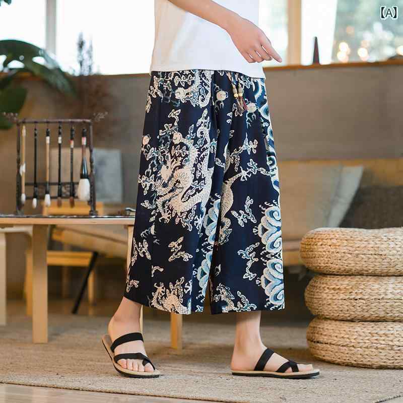 メンズ　アジアン　ファッション タイの 象の ビーチ ショーツ メンズ チャイナ風 ゆったり リネンの クロップドパンツ 大きいサイズ 太めの ワイド レッグ ストレート パンツ