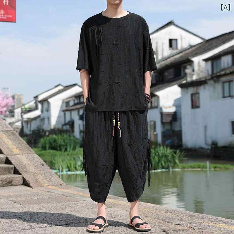 メンズ アジアン 流行り物 唐装 半袖 ティーシャツ メンズ 夏 薄っぺら レトロ 表現スタイル ゆったり 馬鹿でかい大いさ 瀬戸もの風 服 漢服 背広