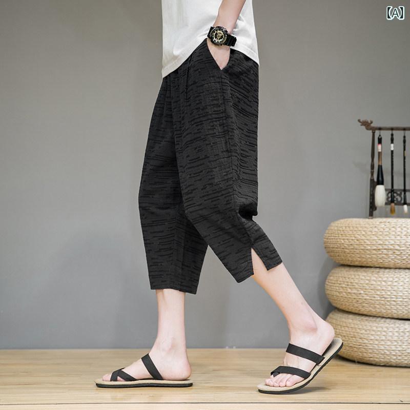 メンズ　アジアン　ファッション リネンの クロップドパンツ メンズ 夏用 薄手 チャイナ ショート パンツ レトロ ゆったり 大きめ サイズ チャイナ風 コットン＆