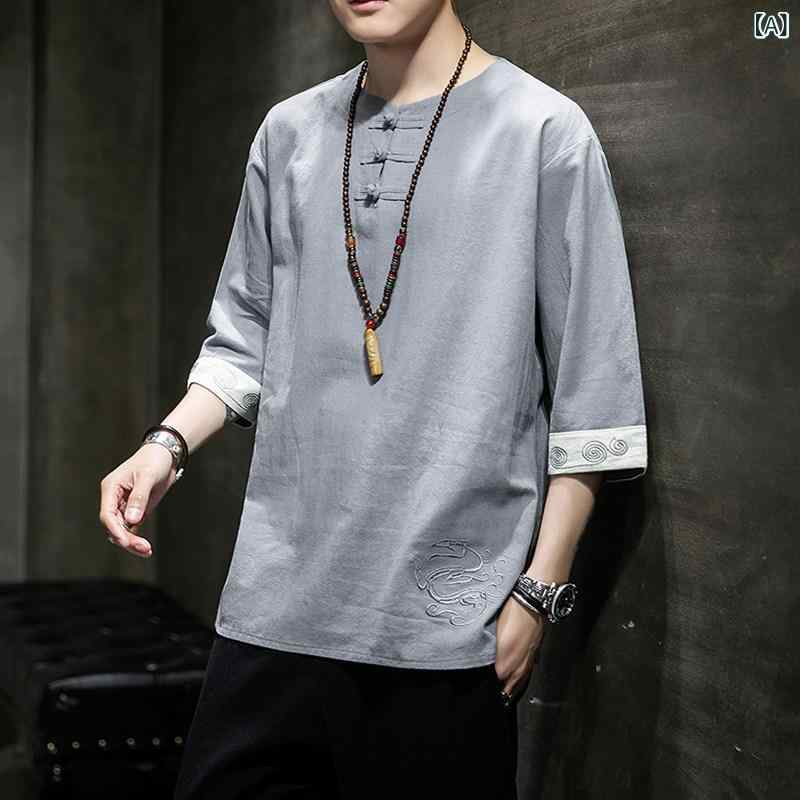 メンズ　アジアン　ファッション リネン 半袖 Tシャツ チャイナ風 メンズ 七分袖 中国 唐装 レトロ 夏の 薄手 綿 リネンの 服