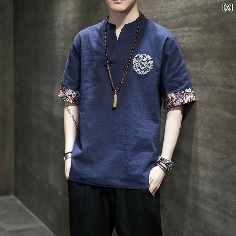 メンズ　アジアン　ファッション リネン 半袖 Tシャツ メンズ チャイナ風 紳士服 刺繍 太った 大きいサイズ 夏 唐装 綿 麻 服