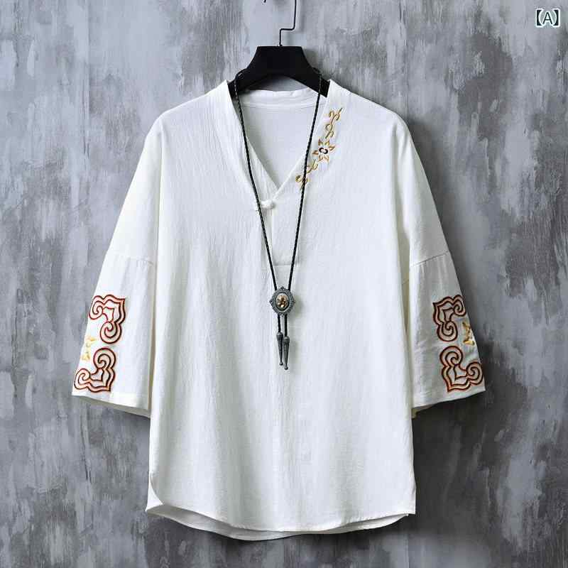 メンズ　アジアン　ファッション チャイナ風 刺繍入り リネンの 漢服 綿 麻 半袖 Tシャツ 夏の レトロ 茶 瞑想服