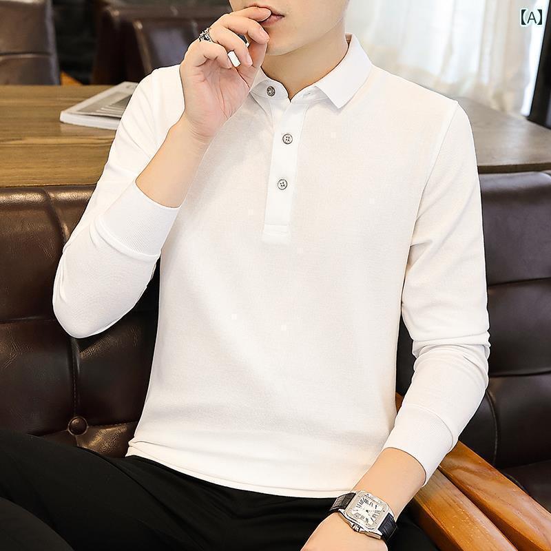 メンズ　アジアン　ファッション バレーノ メンズ ポロシャツ 秋 ゆったり トップス 2024新 ビジネス ホワイト 長袖 Tシャツ