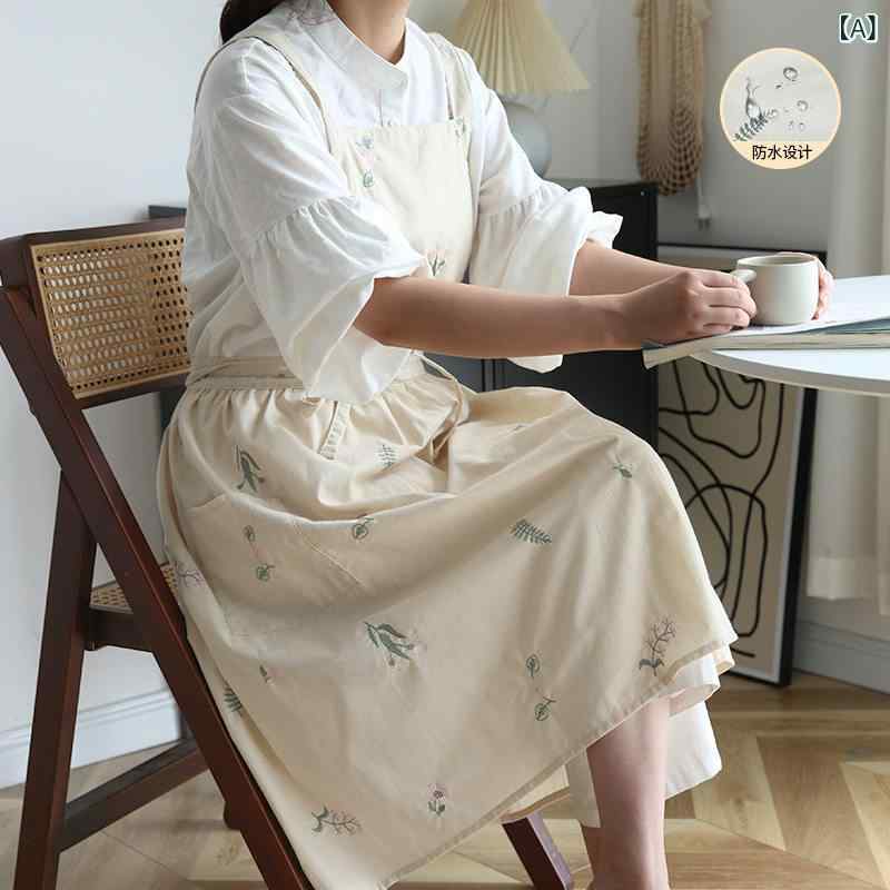 調理用　エプロン　料理 韓国 イン スタイル 文学 エプロン 女性用 コットン 刺繍 防水 レトロ ホーム ペインティング ベーキング フラワーショップ スモック ビブ