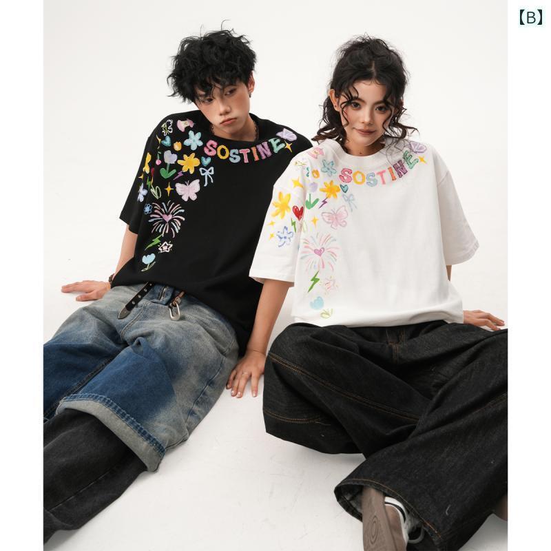 メンズ　ストリート　シャツ BWKA 落書き 半袖 Tシャツ 夏用 男女兼用 カジュアルで カップル スタイル 五分袖