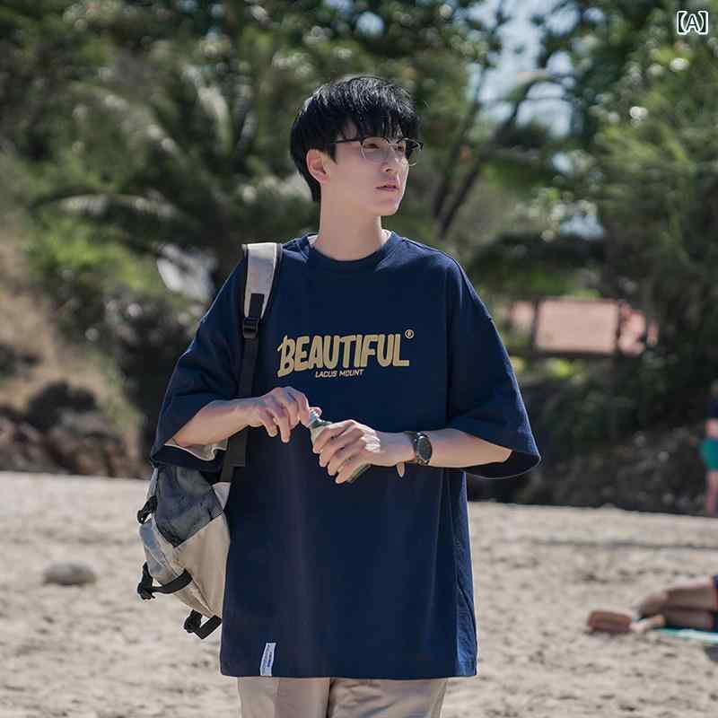 メンズ　ストリート　シャツ ネイビー ヘビーウェイト 綿 半袖 t シャツ 男性 夏 薄手 2024 アメリカ トップ