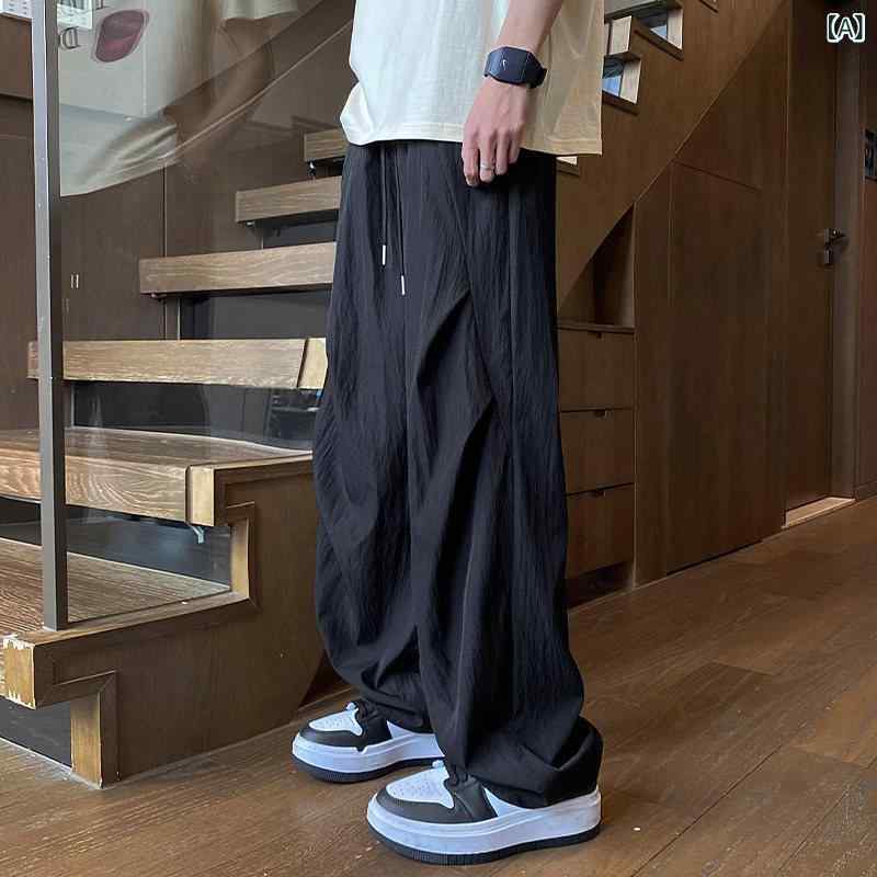 メンズ　ストリート　シャツ 冷感 カジュアル パンツ メンズ 薄手 夏 ヒット ストレート ドレープ アメリカン ストリート スポーツ ワイド レッグ