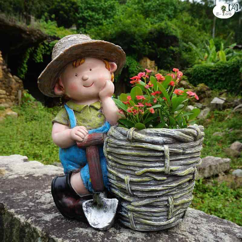 庭　装飾　飾り　 庭の かわいい 男の子と 女の子 飾り 中庭の 芝生の 手 かご ガーデニング 植木鉢 アメリカン カントリー